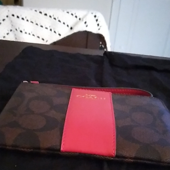 Coach Signature Brown and Red Wristlet - Picture 1 of 1